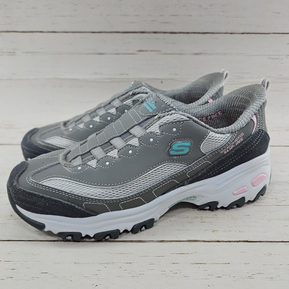 Skechers D'Lites Slip Ins Hands Free Grey Pink Shoes 9.5 Sneakers Comfort 150545